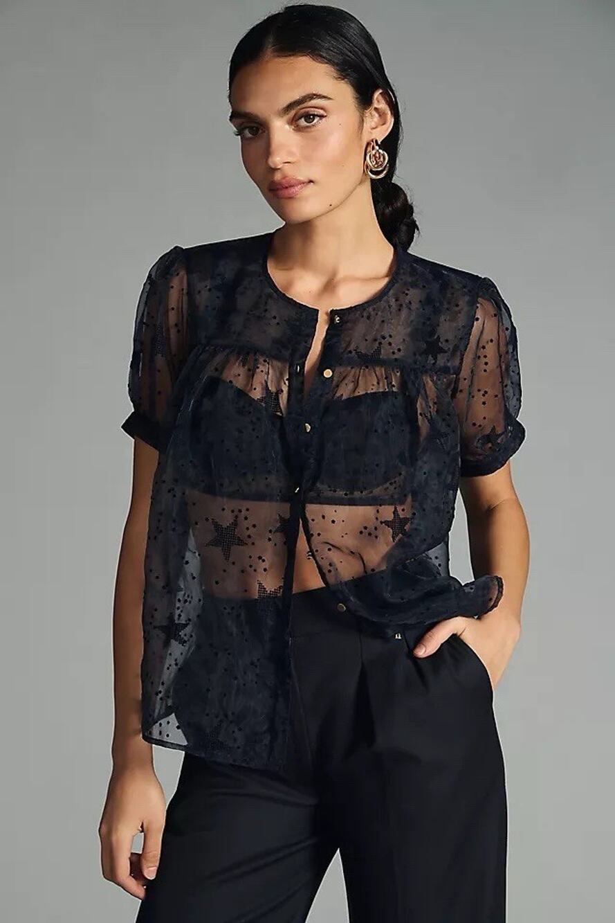 Anthropologie Let Me Be Sheer Navy Blue Velvet Star Pattern Puff Sleeve Blouse S